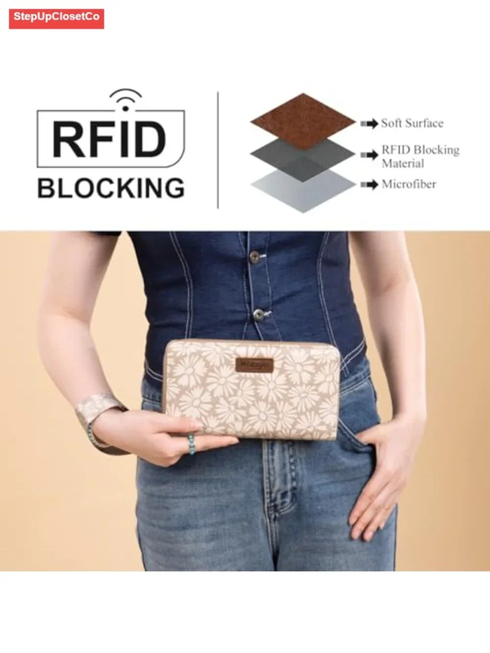 Women RFID Blocking Zip Around Floral Envelope Wallet with Wristlet Strap, Faux